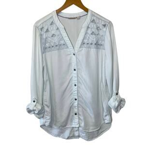 Holding Horses Faded Blue Western Embroidered Roll Tab Sleeve Button Up Top Smal